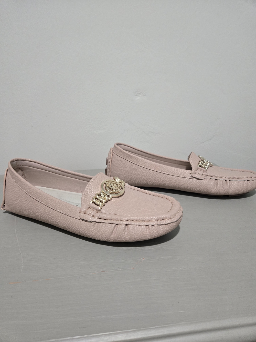 Women's Tan Leather Moccasin Loafers with Gold Accent